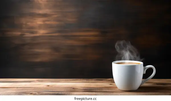 A steaming cup of coffee on a wooden table
