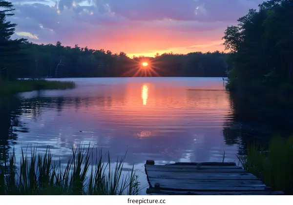 sunset over a lake with a dock in the foreground