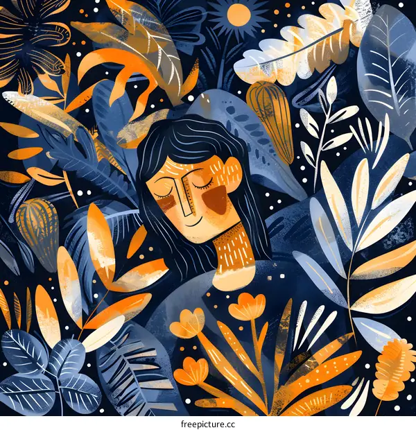 Woman with Closed Eyes Surrounded by Flowers and Plants