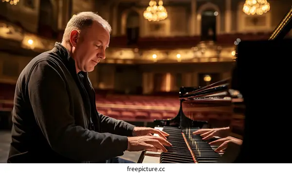 Man Playing Piano in Concert Hall