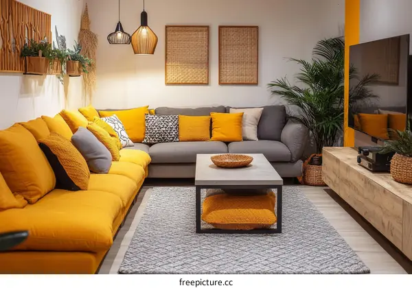 Modern Living Room with Yellow Sofa and Greige Rug