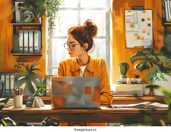 A woman is working on her laptop in a home office.