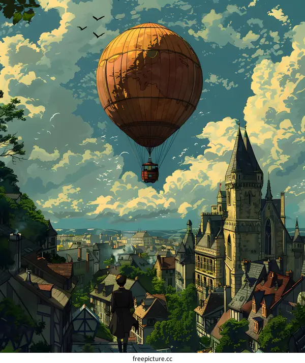 Retro air balloon flies over the city