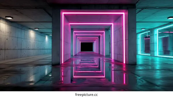 Neon Light Tunnel Futuristic Concrete Structure