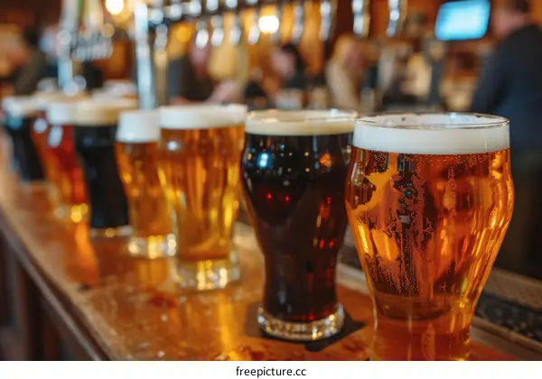 A variety of beers on a bar counter