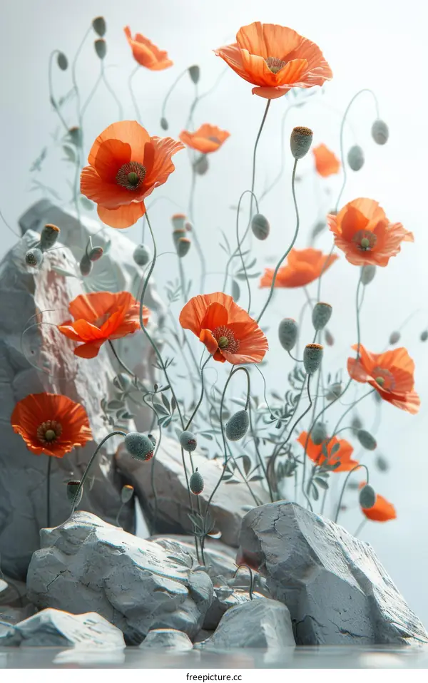 Orange Poppies Growing Among Gray Rocks
