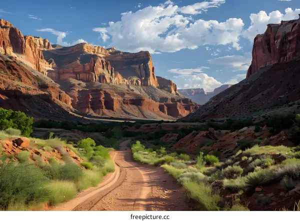 Dirt road winds through desert canyon
