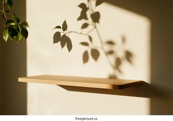 Simple wooden shelf with plant shadows on wall