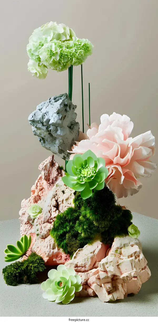 Abstract Floral Arrangement with Stone and Moss