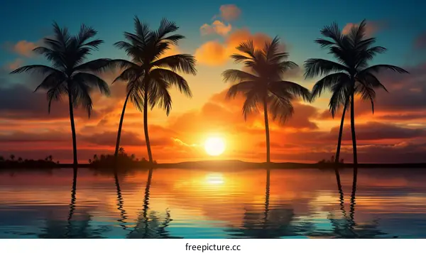 Tropical Sunset Paradise Beach with Palm Trees