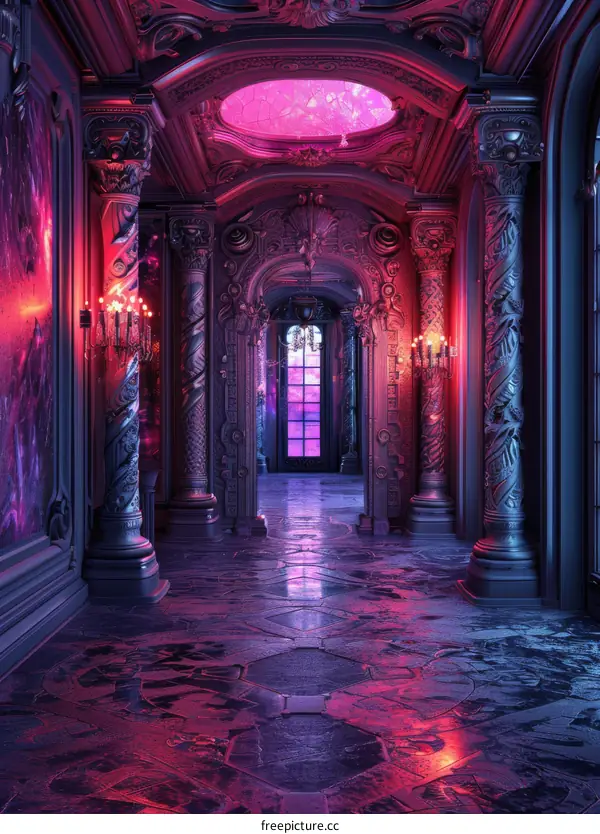Mystical Purple Palace Hallway with Glowing Light