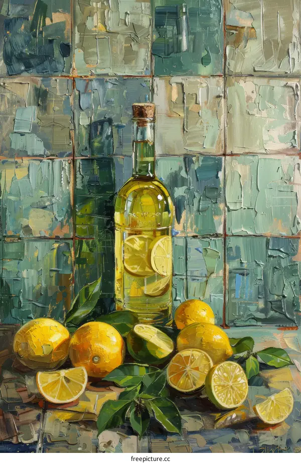 Still life painting of lemons and olive oil bottle
