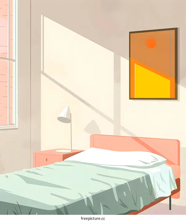 Minimalist Bedroom Illustration with a Bed, Nightstand, and Abstract Artwork