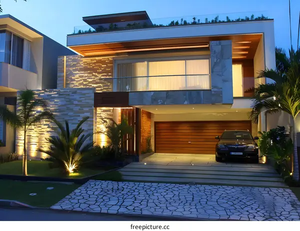 Modern Home Exterior with Stone Facade and Green Roof