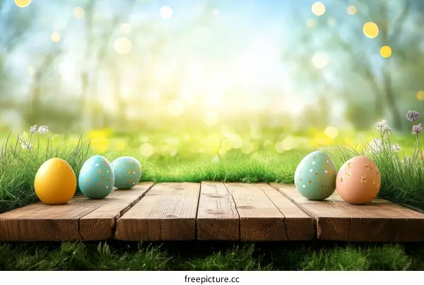 Easter Eggs on Wooden Deck Spring Background
