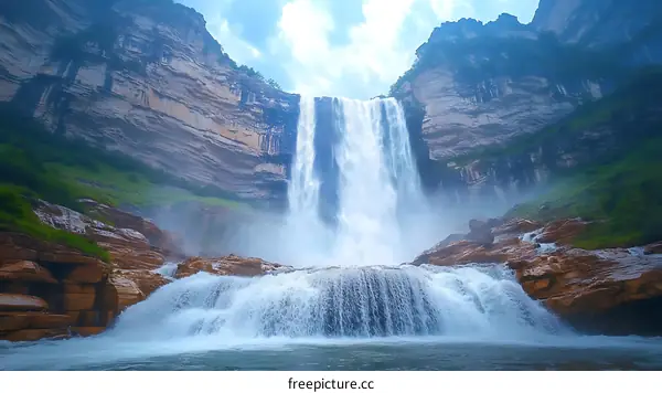 Majestic Waterfall Cascading Down Mountain