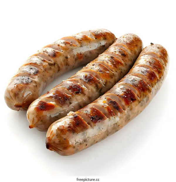 Three Grilled Sausages on White Background