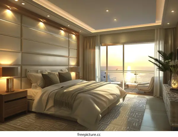 Modern Bedroom on Cruise Ship with Balcony and Sunset View