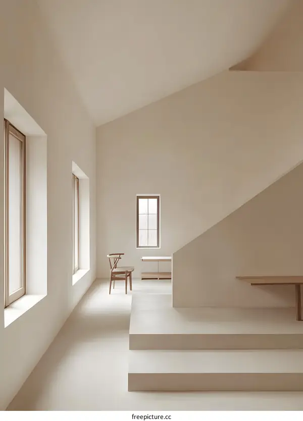 Minimalist Interior Design with Wooden Chair and Stairs