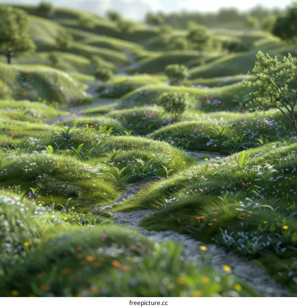 Rolling Green Hills Adorned with Wildflowers