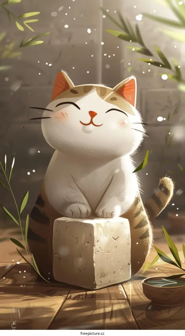 A cute cat is sitting on a wooden table and smiling happily