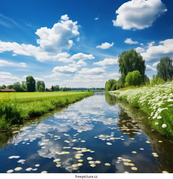 Serene River Scene with White Flowers and Blue Sky