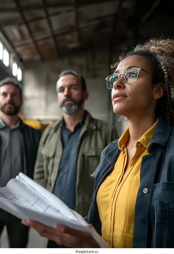 Group of People Looking at Blueprint in Factory Setting