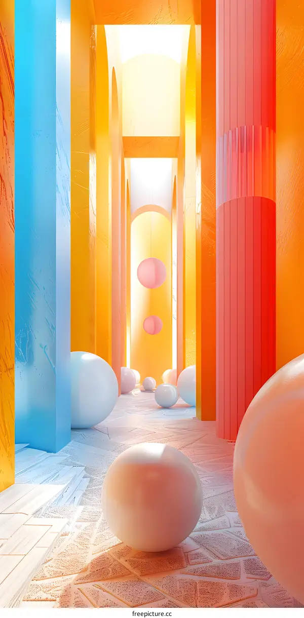 Abstract Minimalist 3D Illustration of Colorful Corridor with Spheres