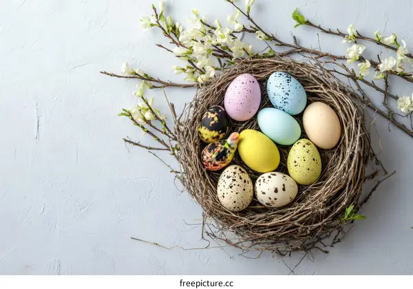 Colorful Easter Eggs in a Nest with Spring Branches