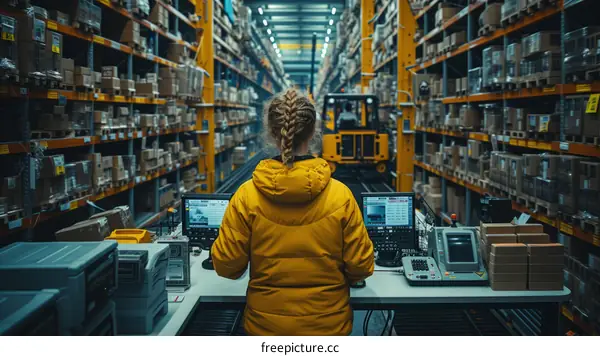 A woman in a yellow jacket works in a warehouse.