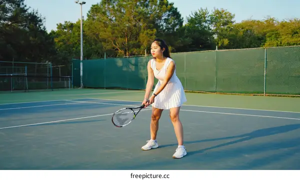 Asian Woman Playing Tennis on Outdoor Court