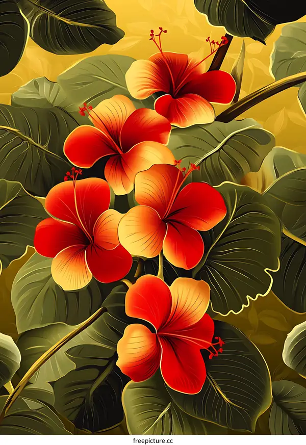 Red Hibiscus Flowers with Green Leaves Digital Painting