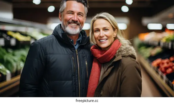 Happy couple shopping for groceries in the supermarket