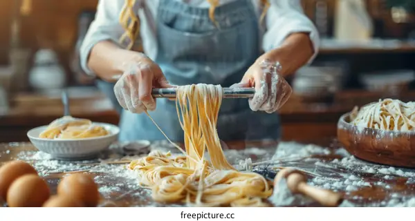 A woman makes fresh pasta in the kitchen