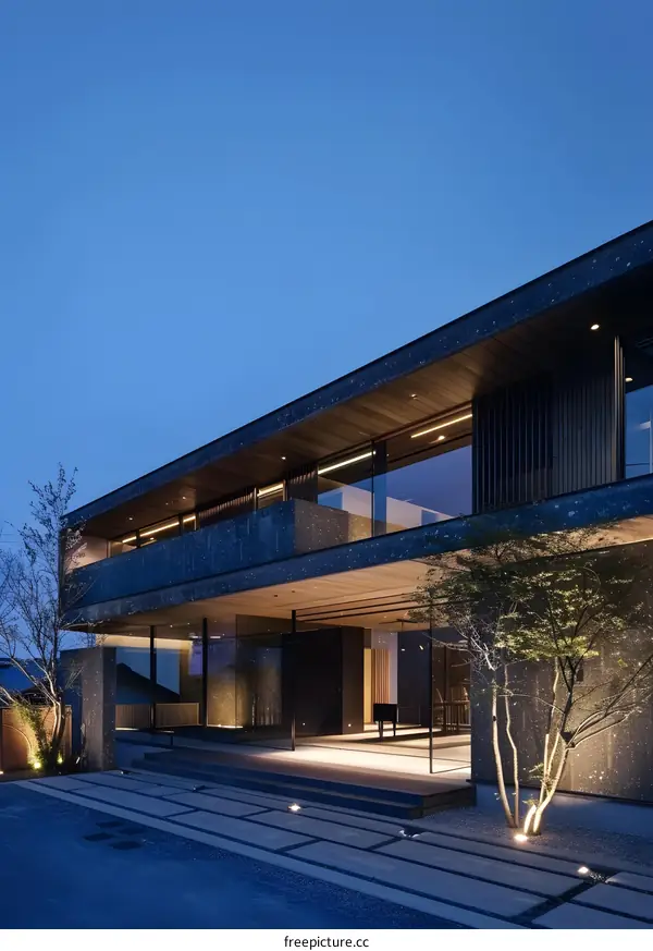 Modern Concrete House with Glass Windows and Wooden Accents