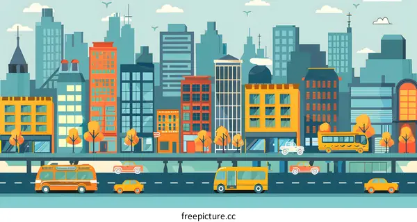 Cityscape Illustration with Buildings and Transportation