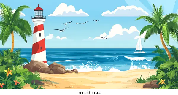 Seascape with Lighthouse and Palm Trees