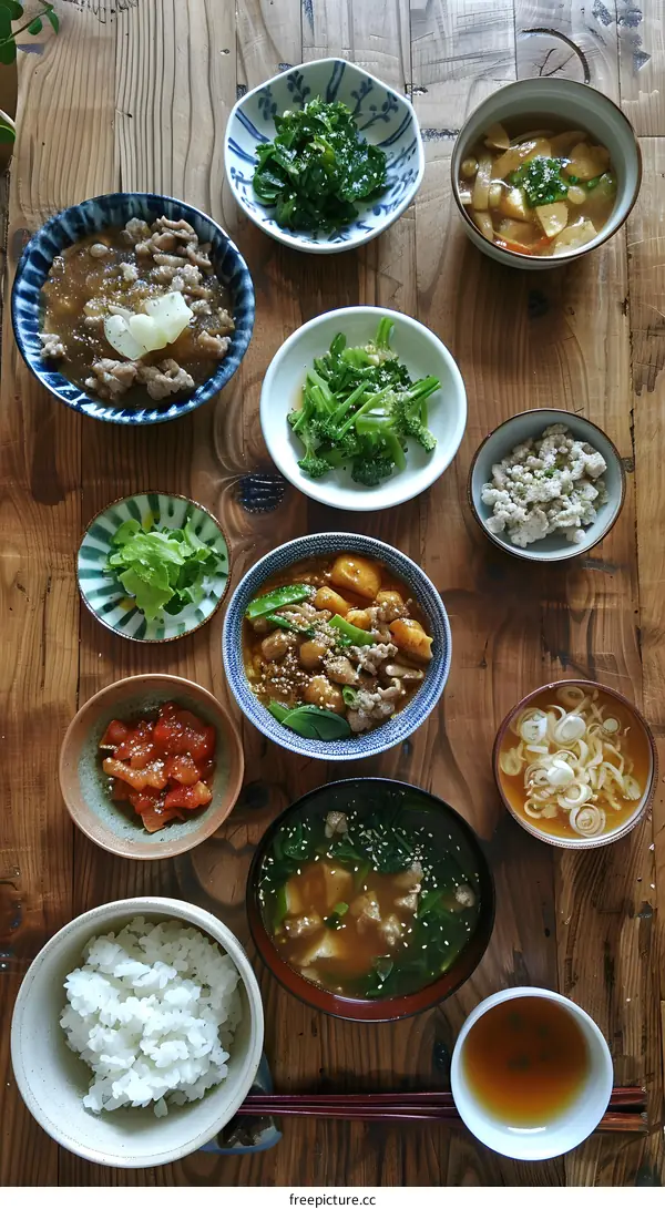 Japanese Home Cooked Meal on Wooden Table