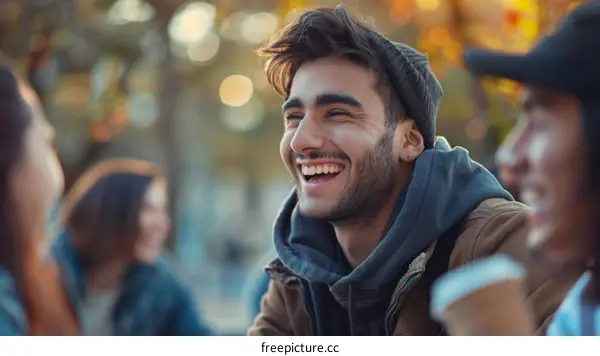 Handsome young man smiling with friends in the background