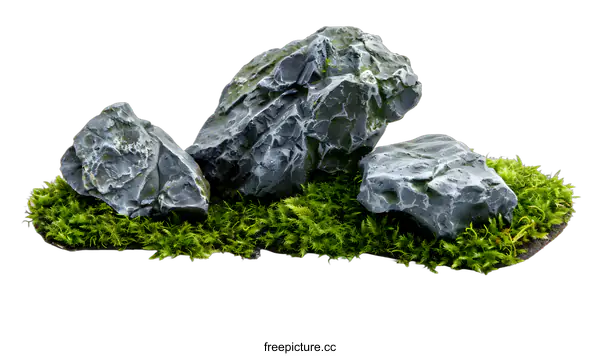 [Transparent Background PNG]Three Rocks with Green Moss on White Background