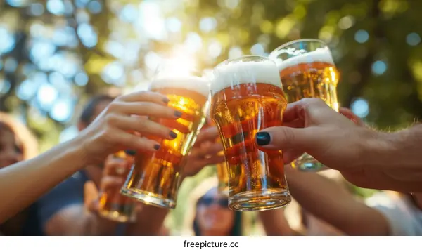Group of friends toasting with beer glasses at a summer party