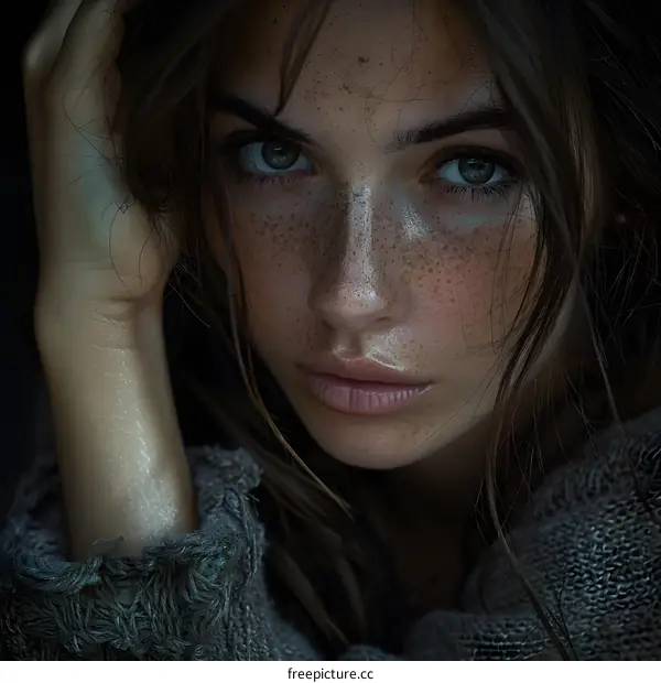 portrait of a young woman with freckles on her face