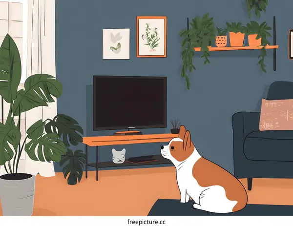 Cute Dog Sitting In Living Room With Plants And TV