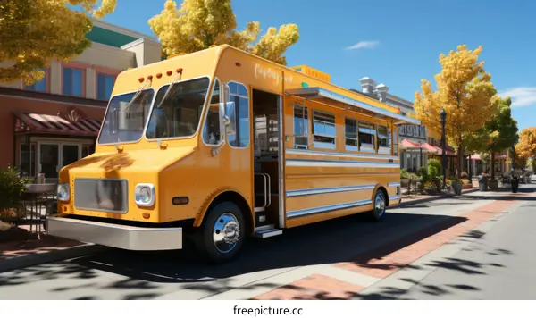 A yellow food truck is parked on a city street.