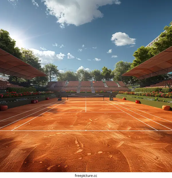 Empty tennis court with blue sky and trees