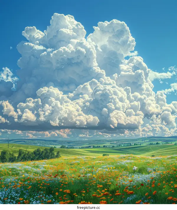 field of flowers under a big white cloud