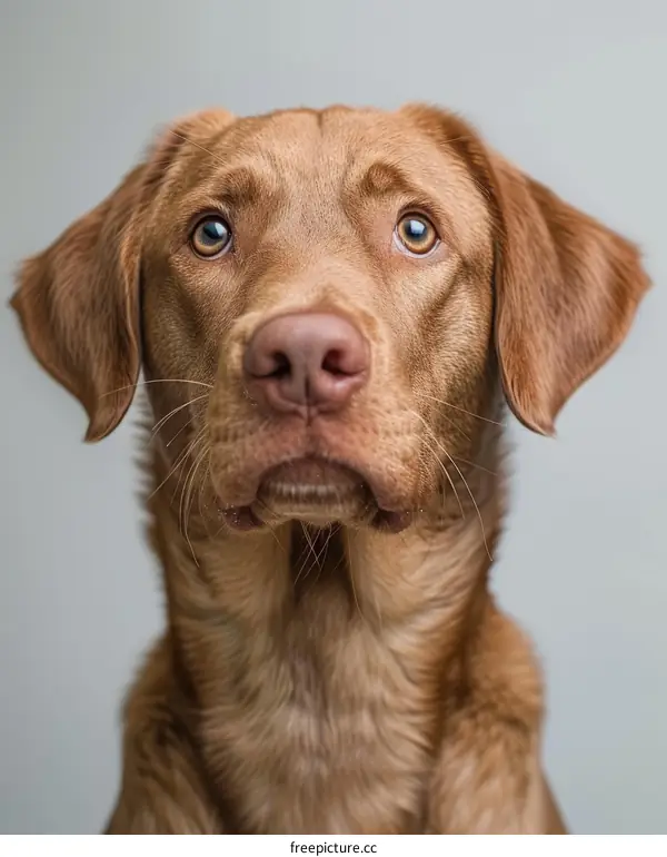A wet and playful brown dog looking up at you