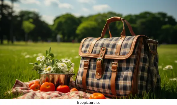 picnic in the park with a checkered tablecloth and a brown picnic bag