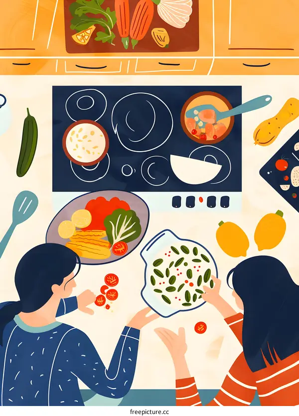 Two Women Cooking in the Kitchen with Fresh Vegetables