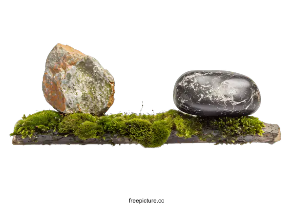 [Transparent Background PNG]Two Stones Balanced on a Branch with Moss